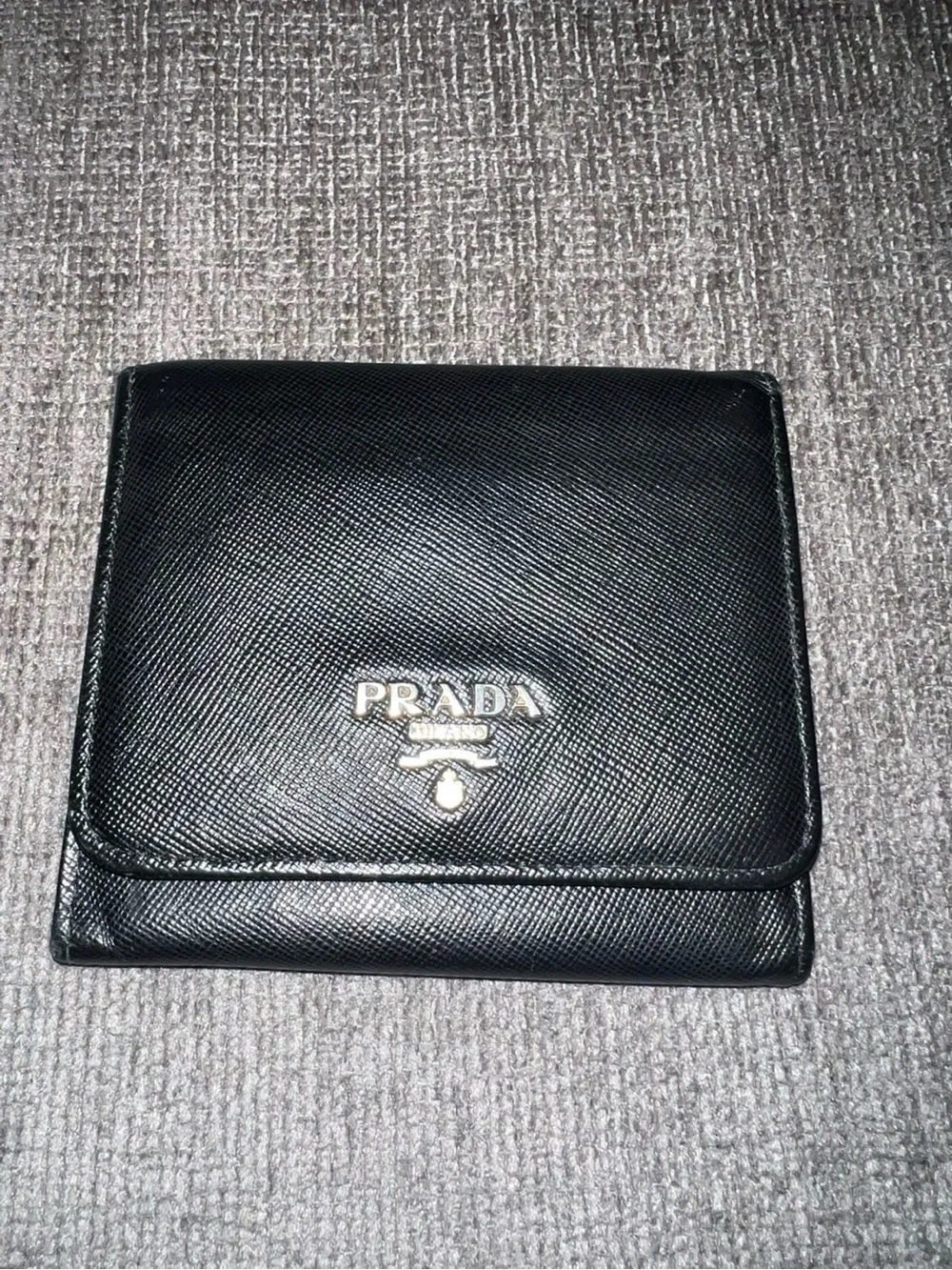 Prada Black Leather Tri-Fold Wallet with Silver Logo